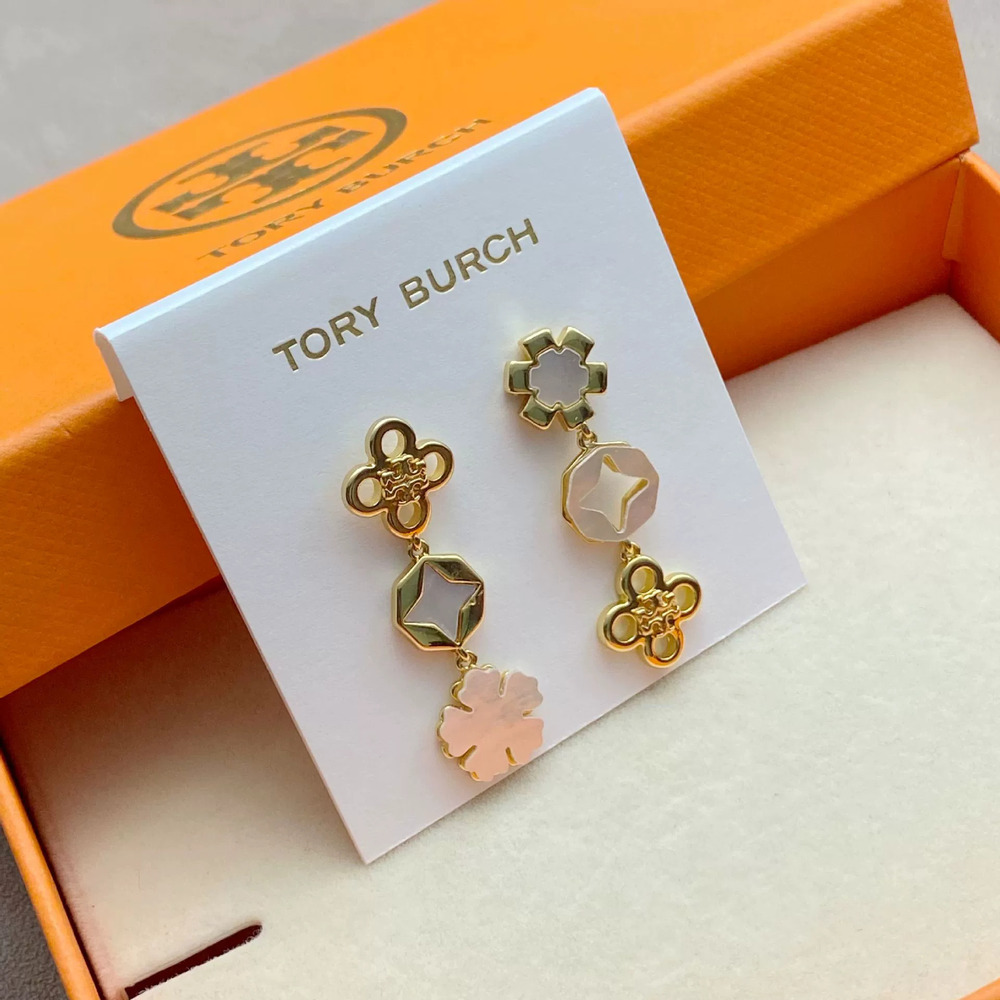 Tory Burch Gold White Shell Clover Large Multi Pendant Asymmetric Earrings